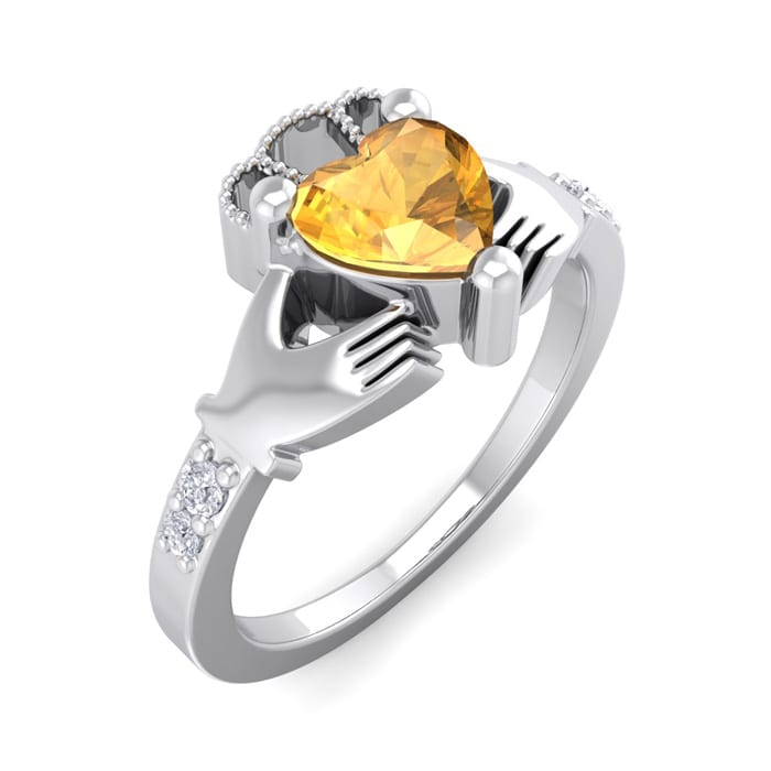 Citrine Ring: 1 Carat Heart Shape Citrine and Diamond Claddagh Ring In Sterling Silver