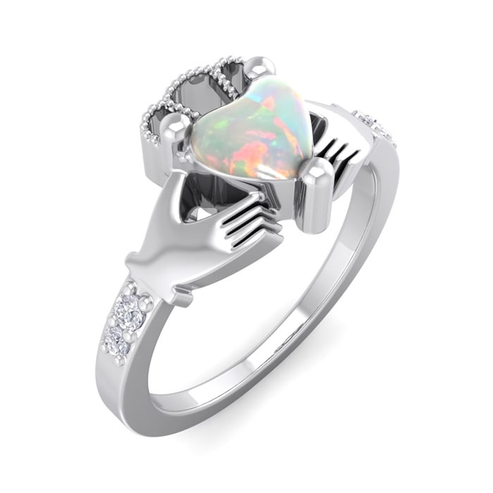 Opal Ring: 1 Carat Heart Shape Created Opal and Diamond Claddagh Ring In Sterling Silver