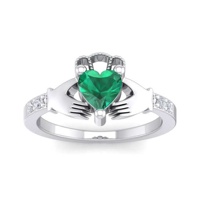 Emerald Ring: 1 Carat Heart Shape Created Emerald and Diamond Claddagh Ring In Sterling Silver