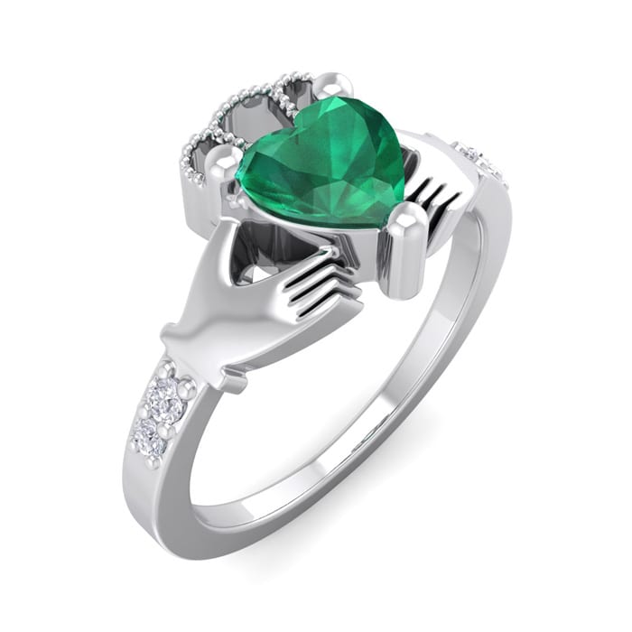 Emerald Ring: 1 Carat Heart Shape Created Emerald and Diamond Claddagh Ring In Sterling Silver