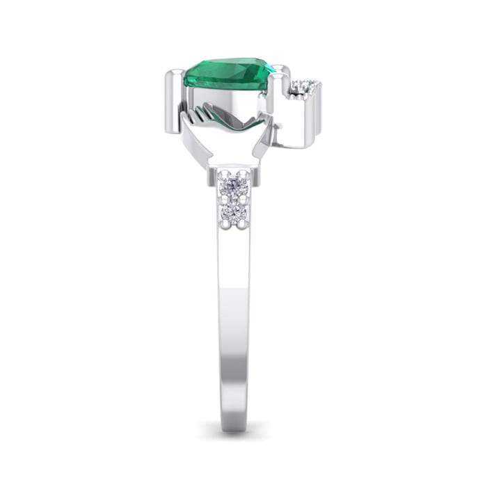 Emerald Ring: 1 Carat Heart Shape Created Emerald and Diamond Claddagh Ring In Sterling Silver