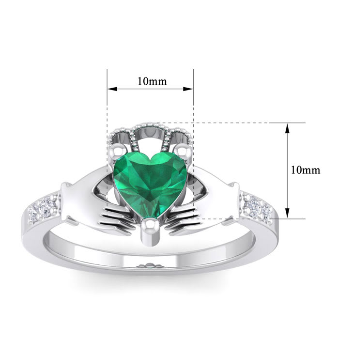 Emerald Ring: 1 Carat Heart Shape Created Emerald and Diamond Claddagh Ring In Sterling Silver