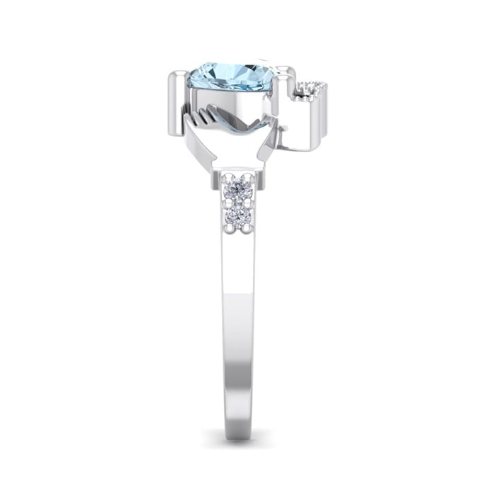 Aquamarine Ring: 1 Carat Heart Shape Aquamarine and Diamond Claddagh Ring In Sterling Silver