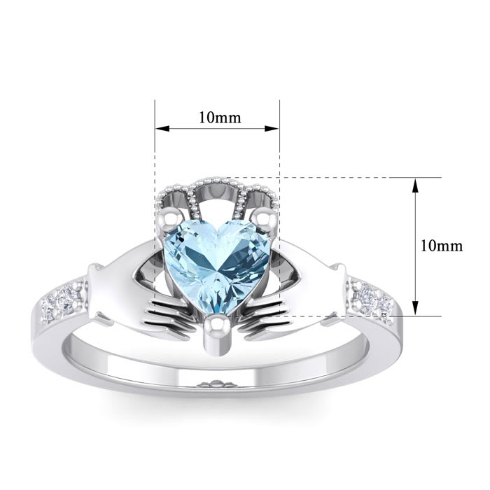 Aquamarine Ring: 1 Carat Heart Shape Aquamarine and Diamond Claddagh Ring In Sterling Silver