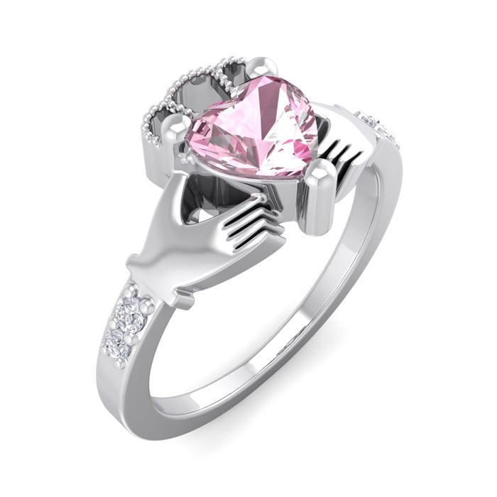 Pink Sapphire Ring: 1 Carat Heart Shape Created Pink Sapphire and Diamond Claddagh Ring In Sterling Silver