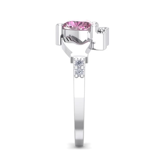 Pink Sapphire Ring: 1 Carat Heart Shape Created Pink Sapphire and Diamond Claddagh Ring In Sterling Silver