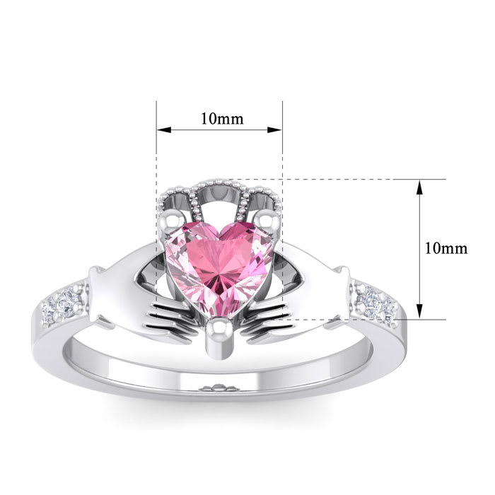 Pink Sapphire Ring: 1 Carat Heart Shape Created Pink Sapphire and Diamond Claddagh Ring In Sterling Silver