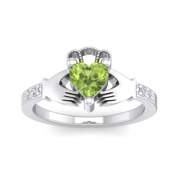Peridot Ring: 1 Carat Heart Shape Peridot and Diamond Claddagh Ring In Sterling Silver