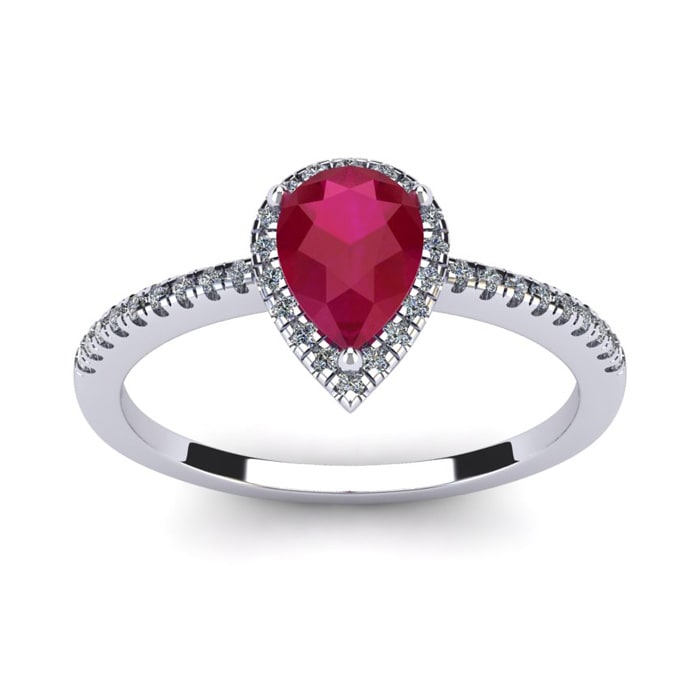 Ruby Ring: 1 Carat Pear Shape Created Ruby and Halo Diamond Ring In Sterling Silver