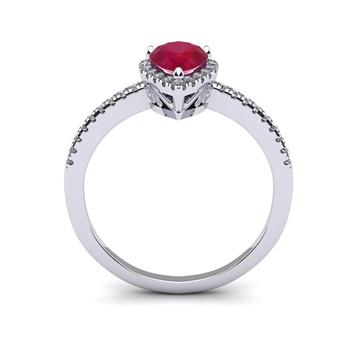 Ruby Ring: 1 Carat Pear Shape Created Ruby and Halo Diamond Ring In Sterling Silver