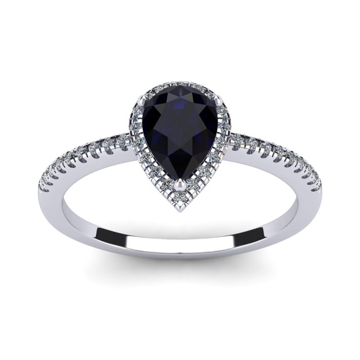 Sapphire Ring: 1 Carat Pear Shape Created Sapphire and Halo Diamond Ring In Sterling Silver
