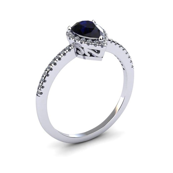 Sapphire Ring: 1 Carat Pear Shape Created Sapphire and Halo Diamond Ring In Sterling Silver