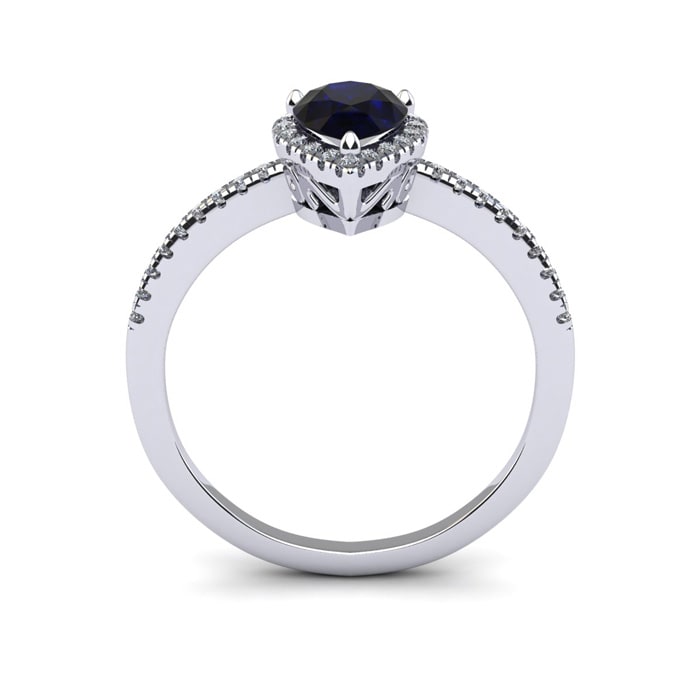 Sapphire Ring: 1 Carat Pear Shape Created Sapphire and Halo Diamond Ring In Sterling Silver