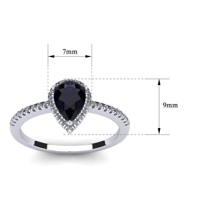 Sapphire Ring: 1 Carat Pear Shape Created Sapphire and Halo Diamond Ring In Sterling Silver