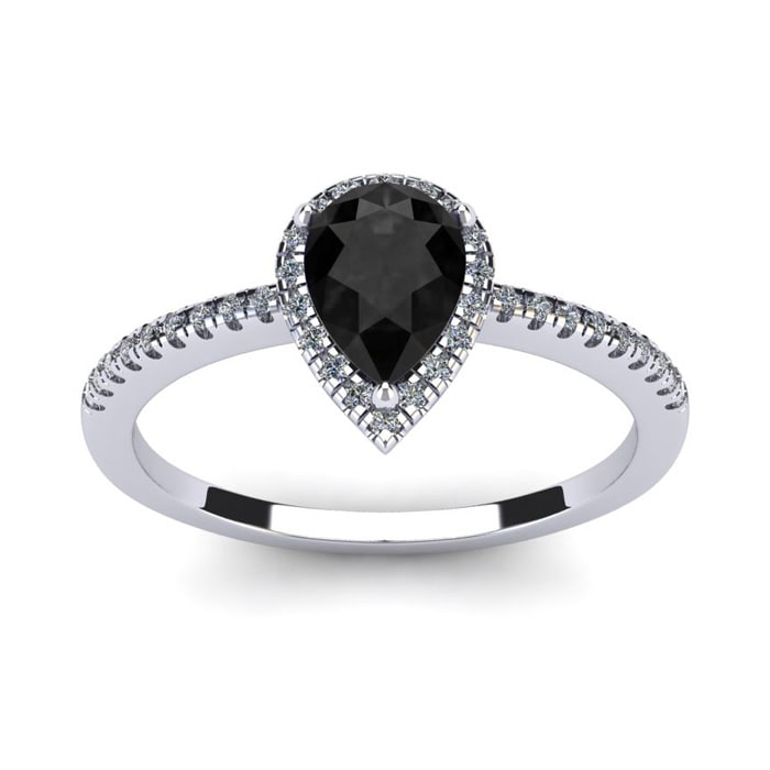 Black Onyx Ring: 1 Carat Pear Shape Black Onyx and Halo Diamond Ring In Sterling Silver