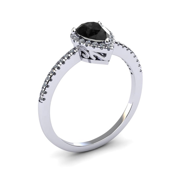 Black Onyx Ring: 1 Carat Pear Shape Black Onyx and Halo Diamond Ring In Sterling Silver
