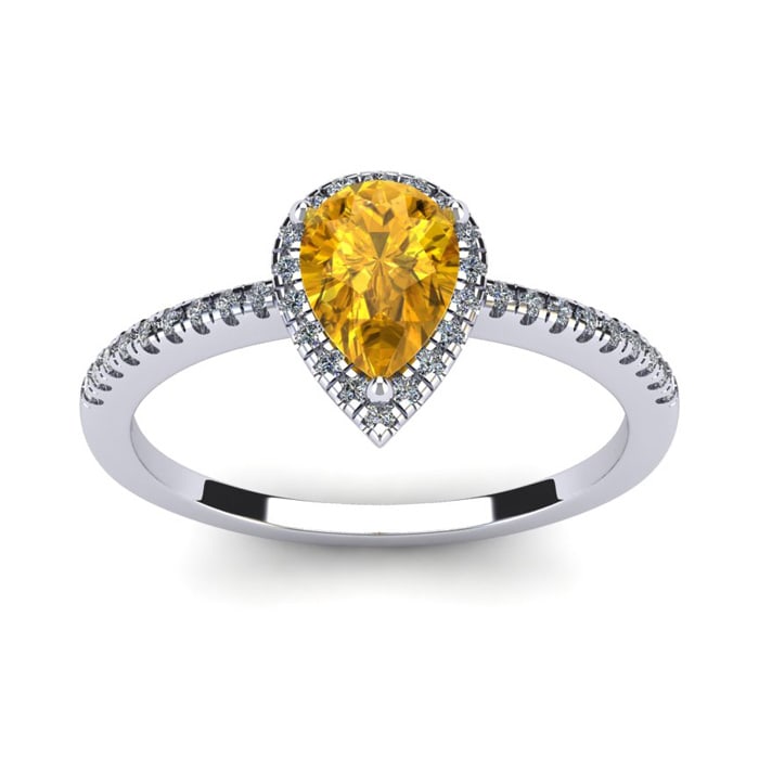 Citrine Ring: 1 Carat Pear Shape Citrine and Halo Diamond Ring In Sterling Silver