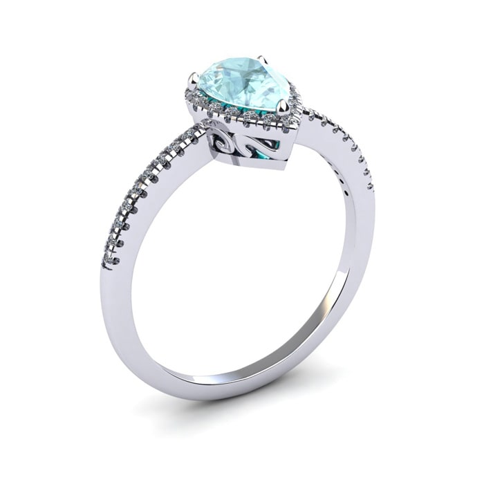 Aquamarine Ring: 1 Carat Pear Shape Aquamarine and Halo Diamond Ring In Sterling Silver