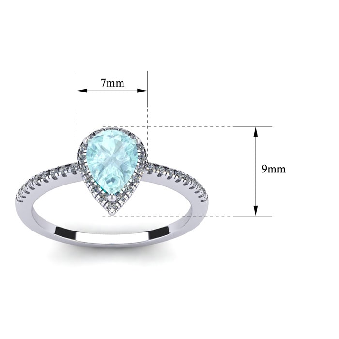 Aquamarine Ring: 1 Carat Pear Shape Aquamarine and Halo Diamond Ring In Sterling Silver