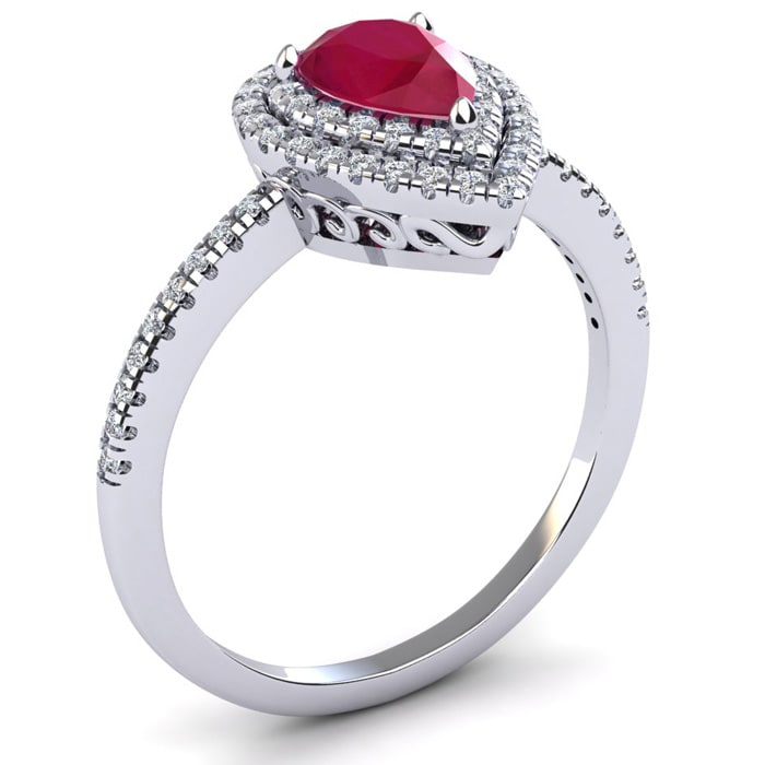 Ruby Ring: 1 Carat Pear Shape Created Ruby and Double Halo Diamond Ring In Sterling Silver