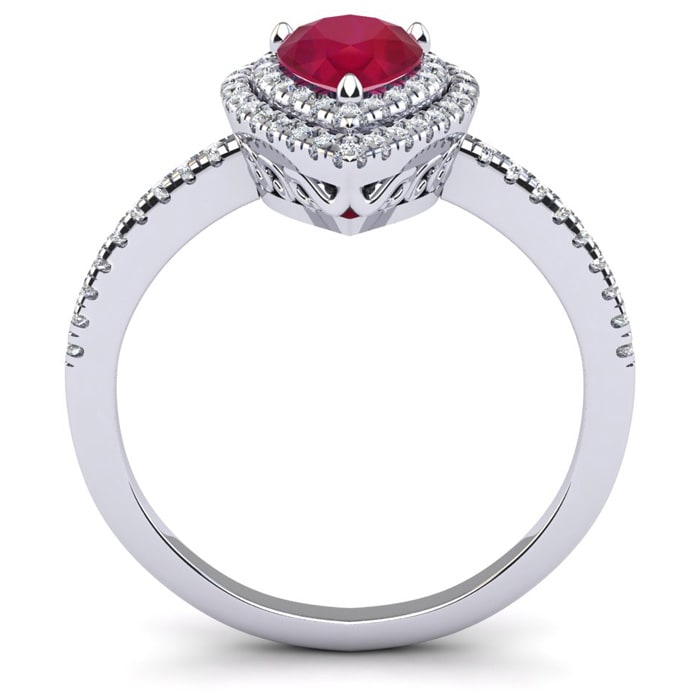Ruby Ring: 1 Carat Pear Shape Created Ruby and Double Halo Diamond Ring In Sterling Silver