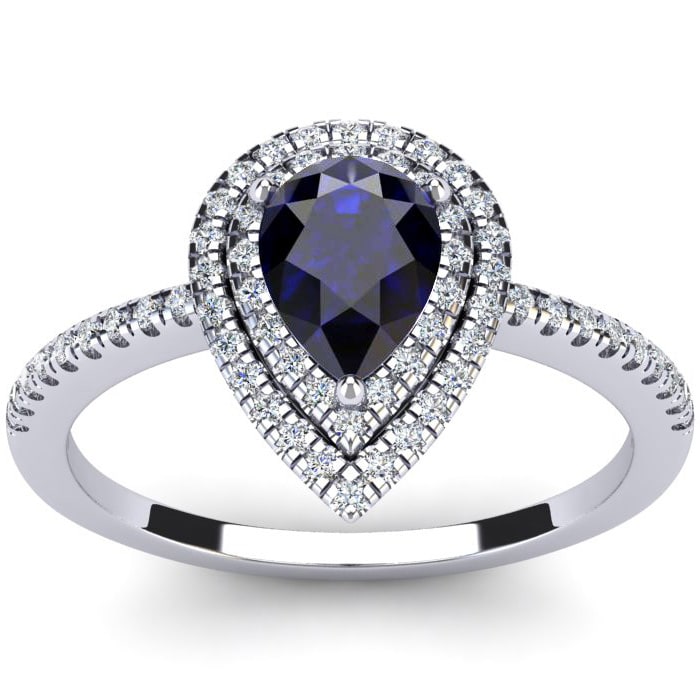 Sapphire Ring: 1 Carat Pear Shape Created Sapphire and Double Halo Diamond Ring In Sterling Silver