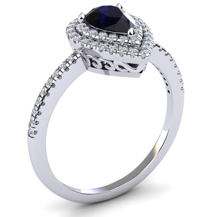 Sapphire Ring: 1 Carat Pear Shape Created Sapphire and Double Halo Diamond Ring In Sterling Silver
