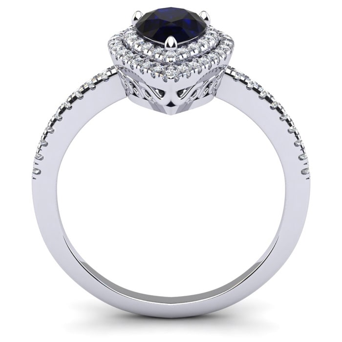 Sapphire Ring: 1 Carat Pear Shape Created Sapphire and Double Halo Diamond Ring In Sterling Silver