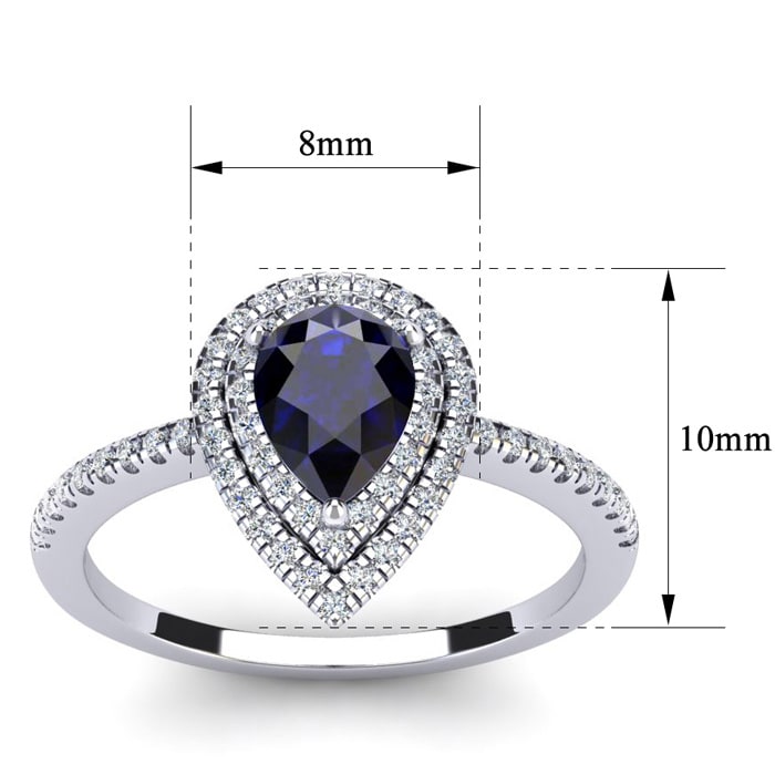 Sapphire Ring: 1 Carat Pear Shape Created Sapphire and Double Halo Diamond Ring In Sterling Silver
