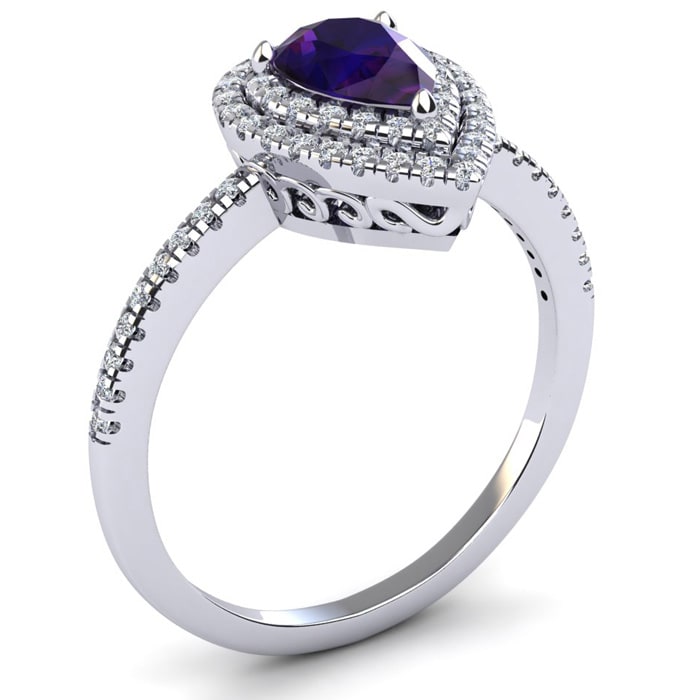 Amethyst Ring: 1 Carat Pear Shape Amethyst and Double Halo Diamond Ring In Sterling Silver