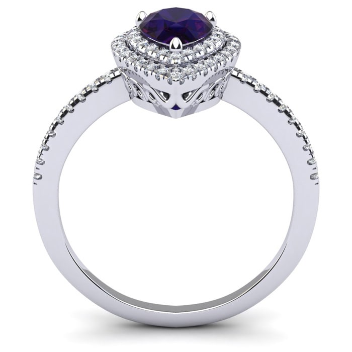 Amethyst Ring: 1 Carat Pear Shape Amethyst and Double Halo Diamond Ring In Sterling Silver