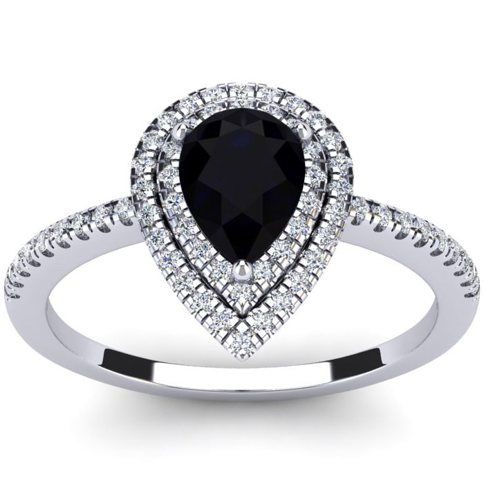 Black Onyx Ring: 1 Carat Pear Shape Black Onyx and Double Halo Diamond Ring In Sterling Silver