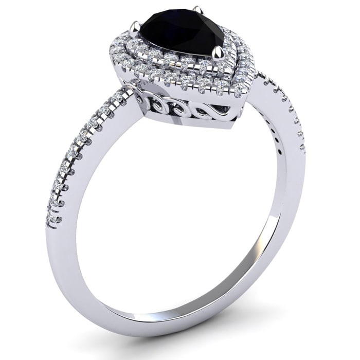 Black Onyx Ring: 1 Carat Pear Shape Black Onyx and Double Halo Diamond Ring In Sterling Silver