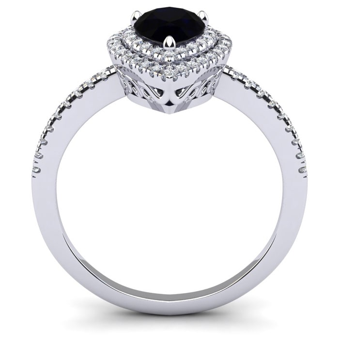Black Onyx Ring: 1 Carat Pear Shape Black Onyx and Double Halo Diamond Ring In Sterling Silver