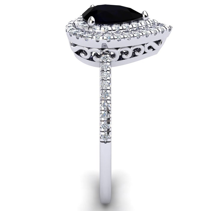 Black Onyx Ring: 1 Carat Pear Shape Black Onyx and Double Halo Diamond Ring In Sterling Silver