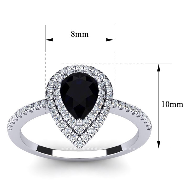 Black Onyx Ring: 1 Carat Pear Shape Black Onyx and Double Halo Diamond Ring In Sterling Silver