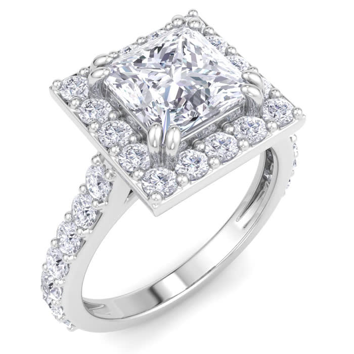 3 Carat Princess Cut Lab Grown Diamond Halo Engagement Ring In 14K White Gold