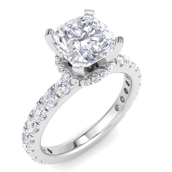3 Carat Cushion Cut Lab Grown Diamond Hidden Halo Engagement Ring In 14K White Gold