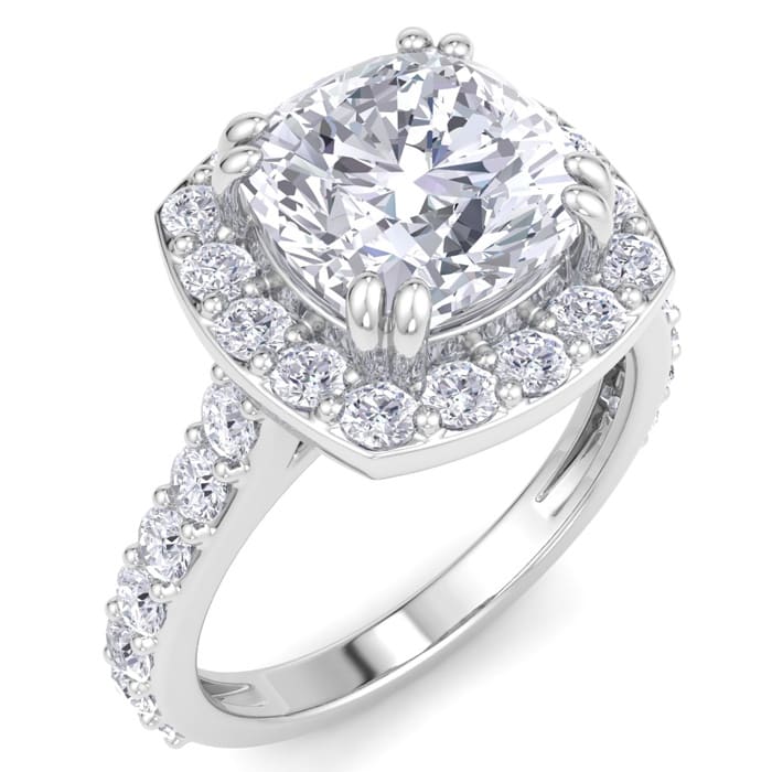 4 Carat Cushion Cut Lab Grown Diamond Halo Engagement Ring In 14K White Gold