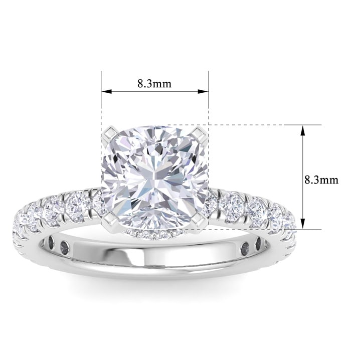 4 Carat Cushion Cut Lab Grown Diamond Hidden Halo Engagement Ring In 14K White Gold