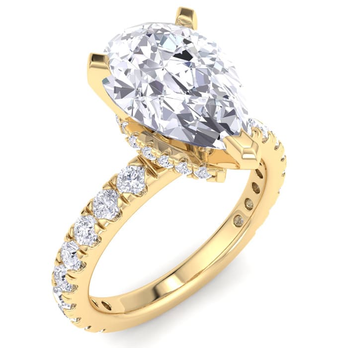 4 Carat Pear Shape Lab Grown Diamond Hidden Halo Engagement Ring In 14K Yellow Gold