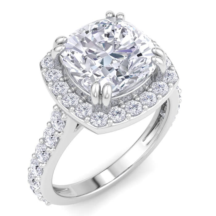 5 Carat Cushion Cut Lab Grown Diamond Halo Engagement Ring In 14K White Gold