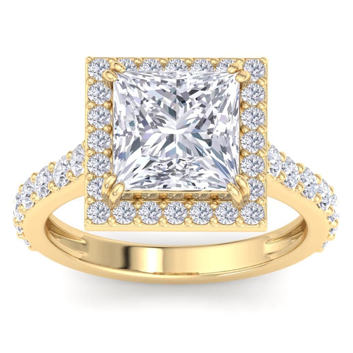 5 Carat Princess Cut Lab Grown Diamond Halo Engagement Ring In 14K Yellow Gold
