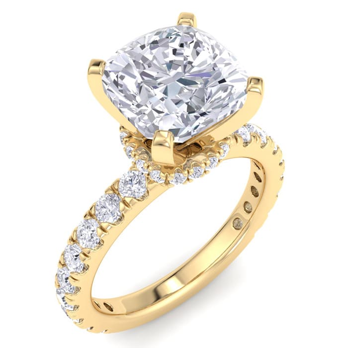 5 Carat Cushion Cut Lab Grown Diamond Hidden Halo Engagement Ring In 14K Yellow Gold