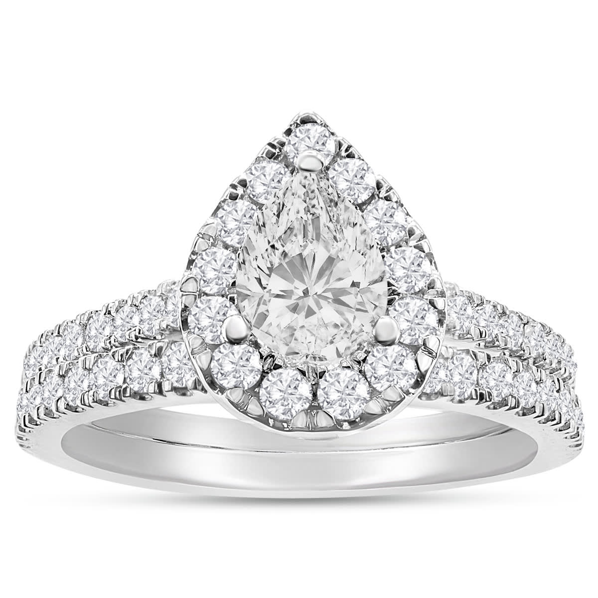 1.40 Carat Pear Shape Lab Grown Diamond Halo Bridal Set In 14K White Gold