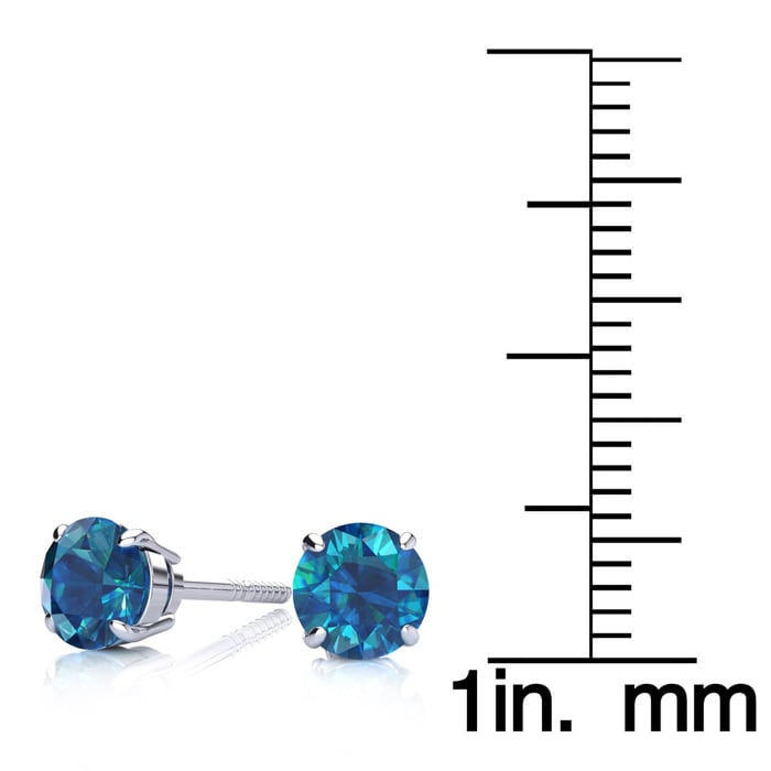 1 Carat Blue Diamond Stud Earrings, 14 Karat White Gold