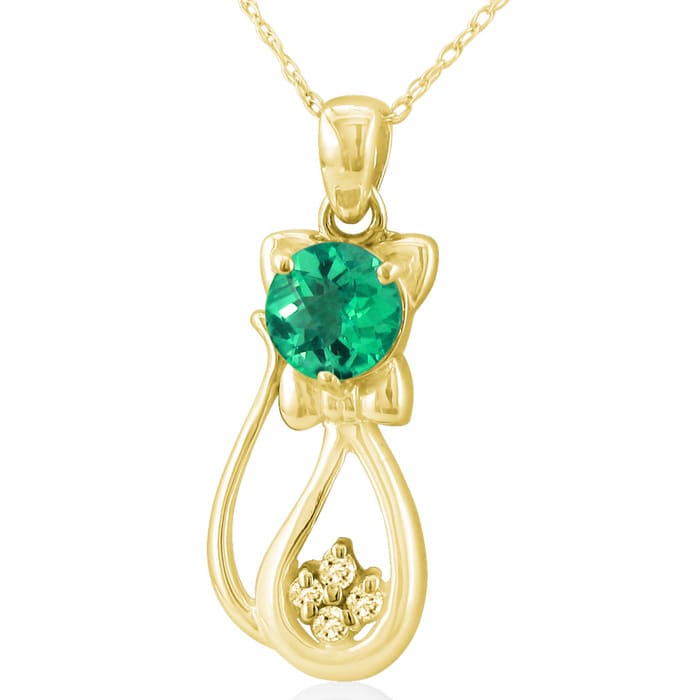 1 Carat Emerald and Diamond Cat Necklace In 10K Yellow Gold, 18 Inches