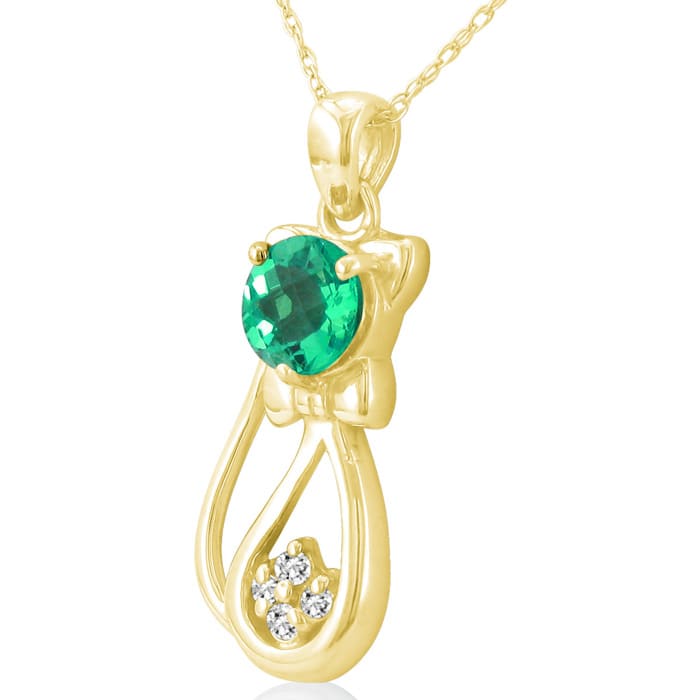 1 Carat Emerald and Diamond Cat Necklace In 10K Yellow Gold, 18 Inches