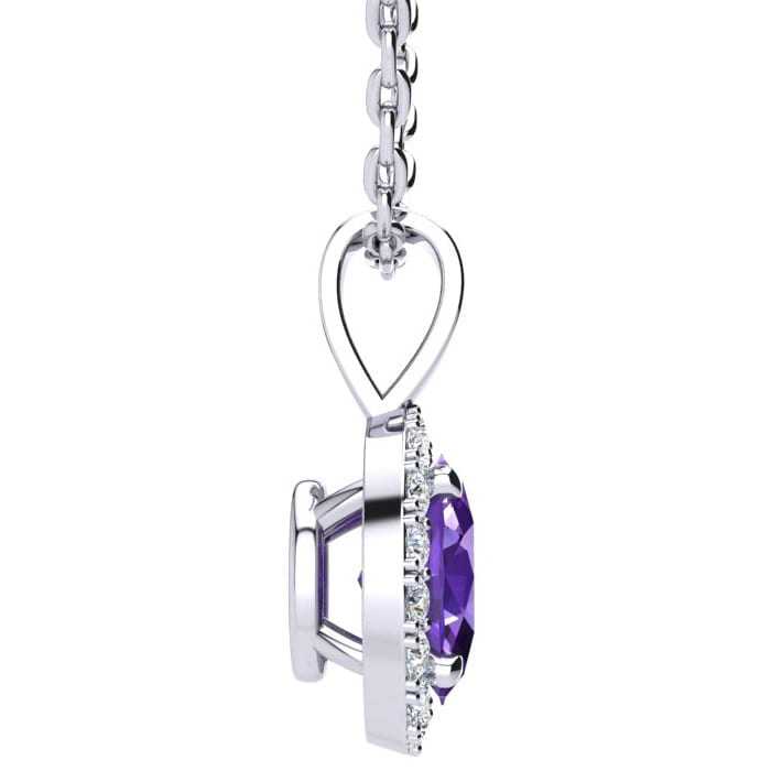 1/2 Carat Oval Shape Amethyst and Halo Diamond Necklace In Sterling Silver With 18 Inch Chain