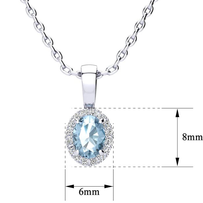 1/2 Carat Oval Shape Aquamarine and Halo Diamond Necklace In Sterling Silver With 18 Inch Chain